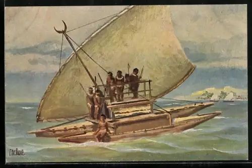 Künstler-AK Christopher Rave: Kriegskanoe von der Insel Viti, Jetztzeit