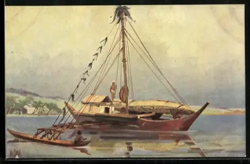 Künstler-AK Chr. Rave: Boot mit Ausleger von den Marschallinseln