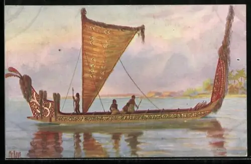 Künstler-AK Christopher Rave: Boot aus Neuseeland, Jetztzeit