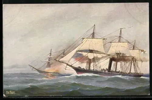 Künstler-AK Christopher Rave: Deutsche Korvette Augusta im Kampf mit frz. Dampfer, 1871
