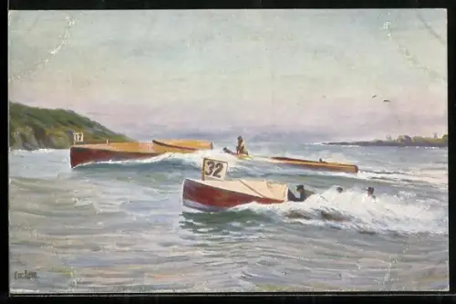 Künstler-AK Chr. Rave: Motorrennboote in voller Fahrt aus dem Jahr 1906