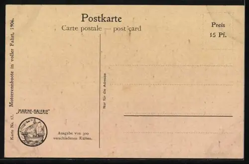 Künstler-AK Chr. Rave: Motorrennboote in voller Fahrt aus dem Jahr 1906