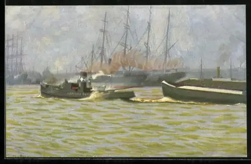 Künstler-AK Christopher Rave: Hamburg, Schleppdampfer liegen im Hafen