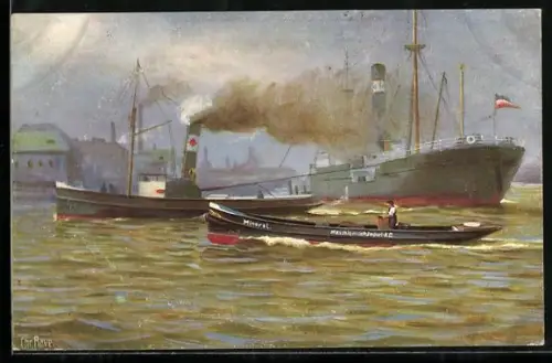 Künstler-AK Christopher Rave: Bugsierung eines grossen Dampfers im Hamburger Hafen
