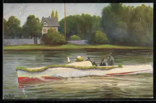 Künstler-AK Christopher Rave: Das erfolgreichste deutsche Rennboot, früher Blitz-Mädel, jetzt Mercedes, 1904