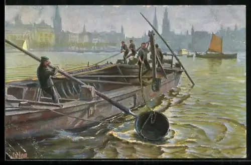 Künstler-AK Christopher Rave: Baggerschiffe auf der Alster