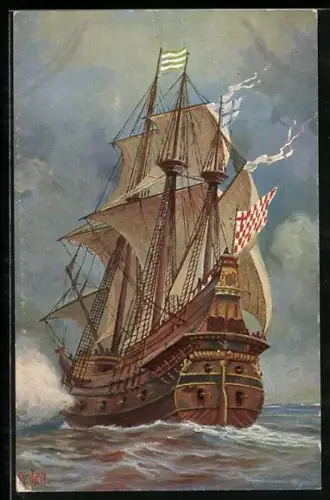 Künstler-AK Christopher Rave: Kriegsschiff, 16. Jahrhundert