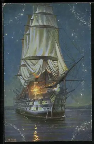 Künstler-AK Christopher Rave: Engl. Dreidecker Victory, Flaggschiff Admiral Nelson in der Schlacht bei Trafalgar, 1805