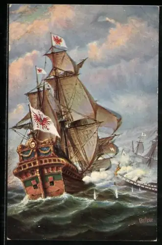 Künstler-AK Christopher Rave: Brandenburgische und spanische Kriegsschiffe in der Schlacht bei Kap St. Vincent 1681