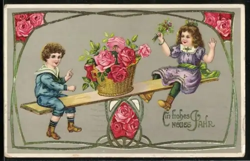 AK Junge & Mädchen auf einer Wippe mit einem Rosenkorb, Neujahr