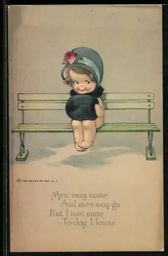 AK Kleines Mädchen mit Muff an Bank