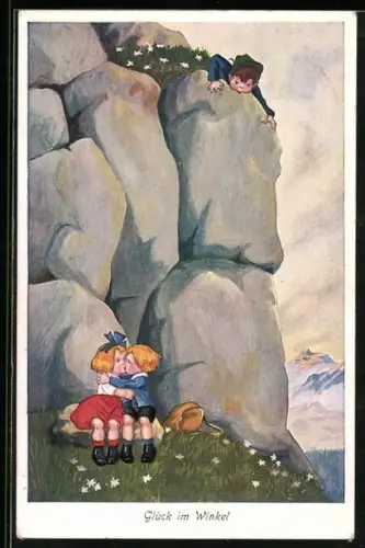 AK Kleiner Bergsteiger blickt auf küssendes Paar hinunter, Glück im Winkel