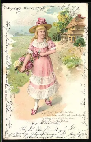 AK Junges Mädchen im rosafarbenen Kleid mit Blumenkorb