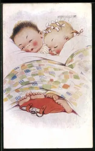 AK Kinderpaar mit einer Wärmflasche im Bett