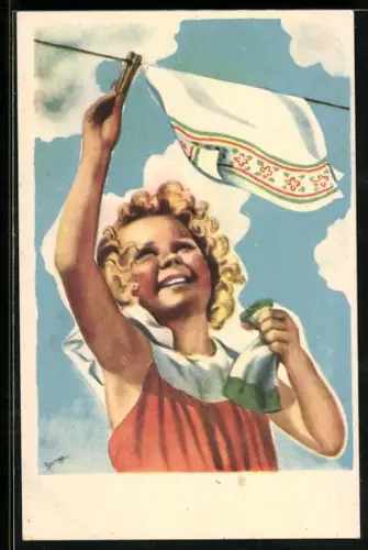 AK Blondes Mädchen hängt Wäsche auf