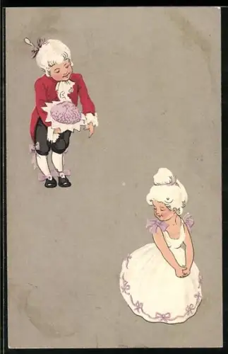 AK Junge mit einem Blumenstrauss für das Mädchen