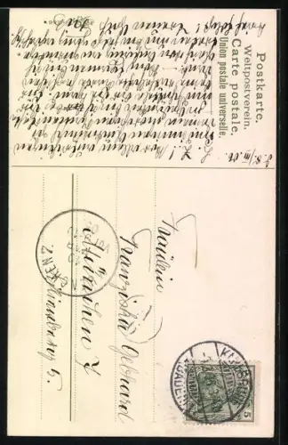 AK Junge mit einem Blumenstrauss für das Mädchen