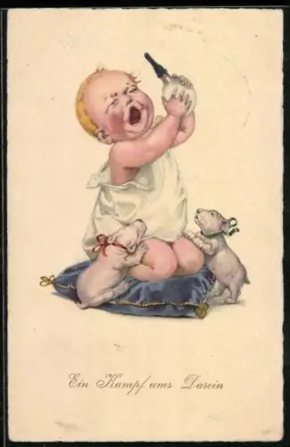 AK Weinendes Kind mit Trinkflsche und zwei Hundewelpen