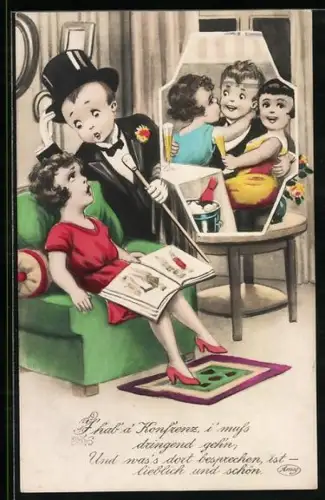 AK Eleganter Junge und Mädchen mit Zeitschrift