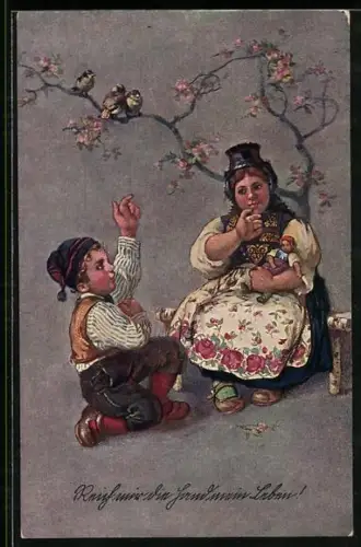 AK Junge kniet vor dem Mädchen in Schwarzwälder Tracht nieder