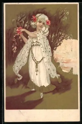 AK Junges Mädchen im weissen Kleid mit Blumen