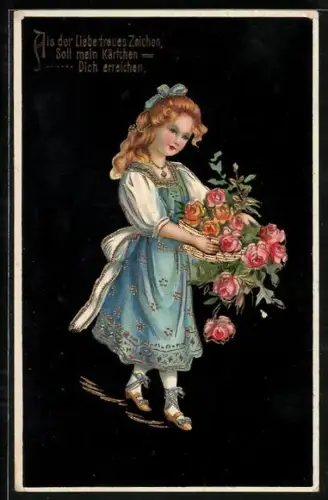 Präge-AK Mädchen im Kleid mit Rosenkorb
