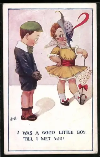 AK Mädchen stolziert vor einem Jungen her