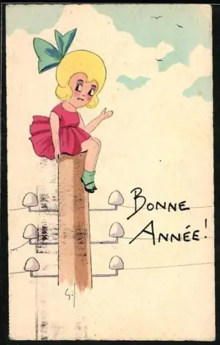 AK Mädchen sitzt auf einem Telegraphenmast