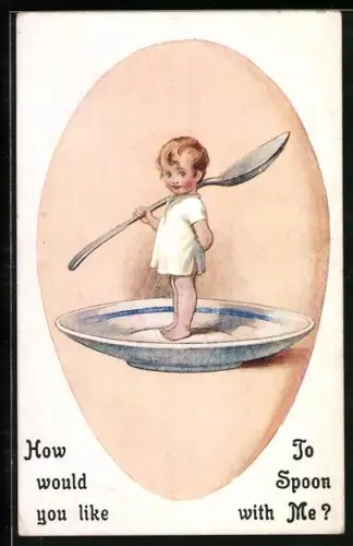 AK Kleiner Junge mit Löffel auf Teller