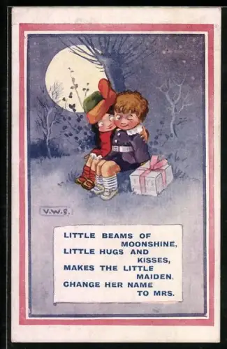 AK Kinderpaar mit Päckchen bei Mondschein