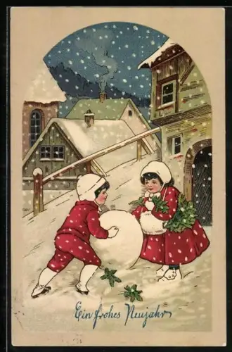 AK Kinderpaar baut einen Schneemann, Neujahrsgruss