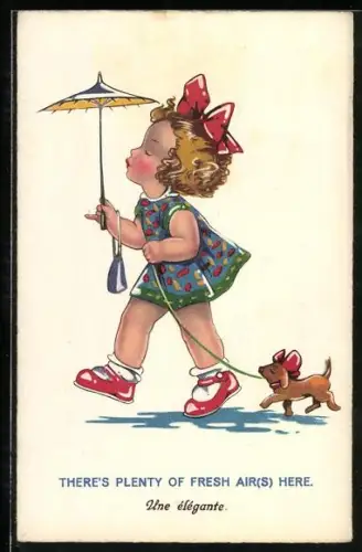 AK Mädchen mit Schirm führt Hund an der Leine