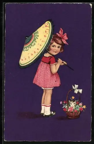 AK Mädchen mit Schirm vor Katze im Korb