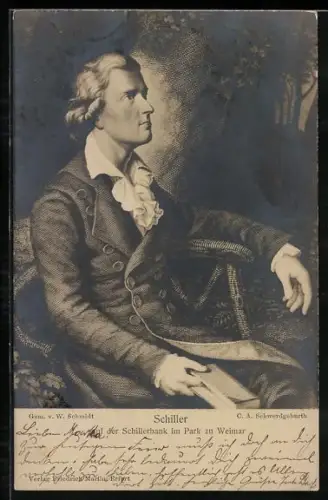 Künstler-AK Friedrich Schiller auf der Schillerbank im Park zu Weimar