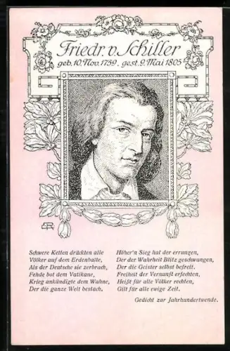 Künstler-AK Portrait Friedrich von Schiller, Gedicht zur Jahrhundertwende