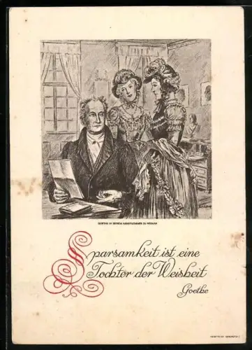 AK Goethe, Portrait mit zwei jungen Damen