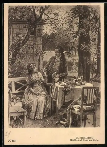 AK Goethe und Frau v. Stein, Gartenszene