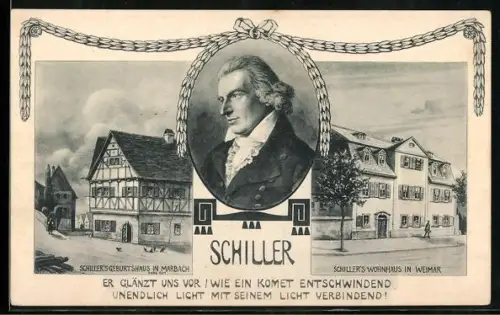 Künstler-AK Marbach, Schiller`s Geburtshaus, Schiller`s Wohnhaus in Weimar, Portrait