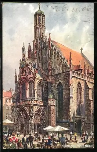 Künstler-AK Charles F. Flower: Nürnberg, Marktgeschehen an der Frauenkirche