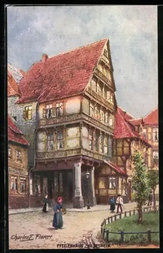 Künstler-AK Charles F. Flower: Hildesheim, Strassenpartie mit Pfeilerhaus