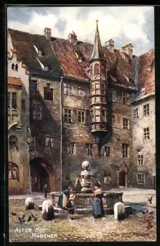 Künstler-AK Charles F. Flower: München, Alter Hof mit Brunnen