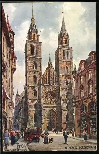 Künstler-AK Charles F.Flower: Nürnberg, Blick zur Lorenzkirche, Leute, Geschäfte