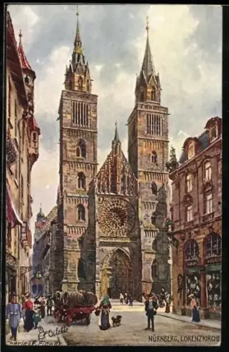 Künstler-AK Charles F.Flower: Nürnberg, Blick zur Lorenzkirche, Leute, Geschäfte