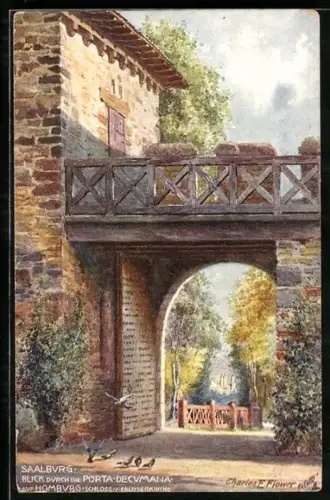 Künstler-AK Charles F.Flower: Saalburg, Blick durch die Porta-Decvmana auf Homburg
