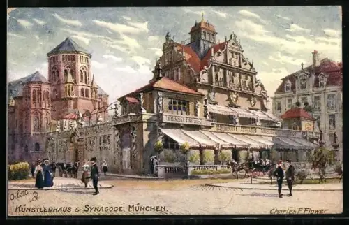 Künstler-AK Charles F. Flower: München, Blick auf Synagoge und Künstlerhaus