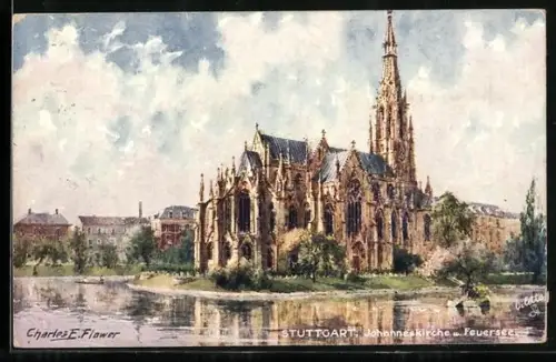 Künstler-AK Charles F. Flower: Stuttgarter Johanneskirche mit Feuersee