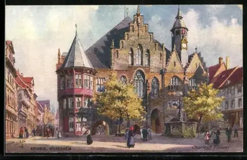 Künstler-AK Charles F. Flower: Hildesheim, Rathaus und Brunnen