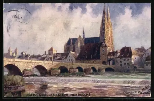 Künstler-AK Charles F. Flower: Regensburg, Teilansicht mit Steinernen Brücke