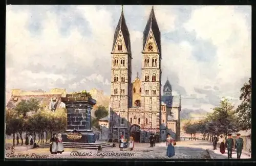 Künstler-AK Charles F.Flower: Koblenz, Castorkirche mit Passanten