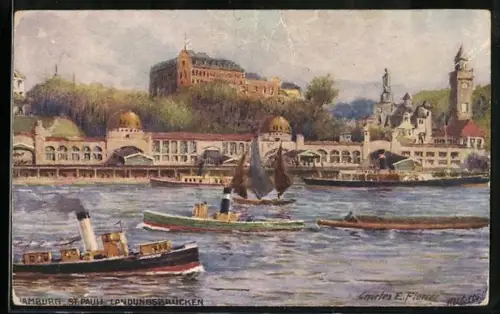 Künstler-AK Charles F. Flower: Hamburg-St. Pauli, Landungsbrücken mit Schiffsverkehr
